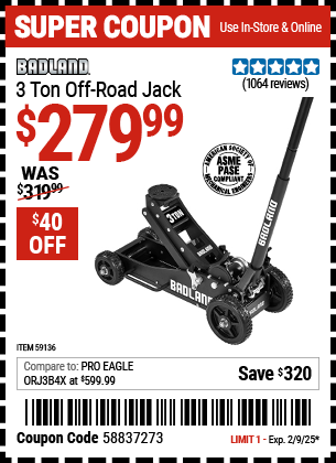 Buy the BADLAND 3 Ton Off-Road Jack (Item 59136) for $279.99, valid through 2/9/2025.