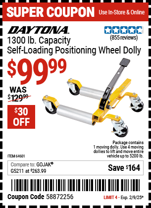 Buy the DAYTONA 1300 lb. Capacity Self-Loading Positioning Wheel Dolly (Item 64601) for $99.99, valid through 2/9/2025.