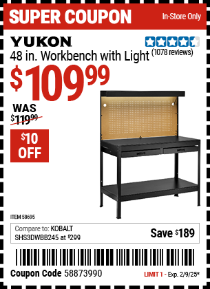 Buy the YUKON 48 in. Workbench with Light (Item 58695) for $109.99, valid through 2/9/2025.