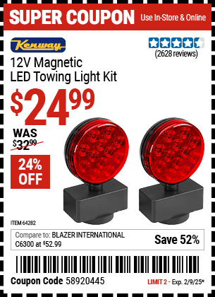 Buy the KENWAY 12V Magnetic LED Towing Light Kit (Item 64282) for $24.99, valid through 2/9/2025.