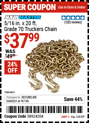 Buy the HAUL-MASTER 5/16 in. x 20 ft. Grade 70 Truckers Chain (Item 60667) for $37.99, valid through 2/9/2025.