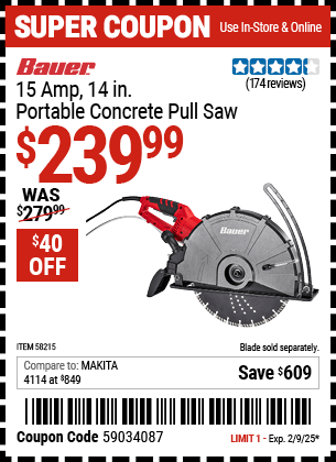 Buy the BAUER 15 Amp 14 in. Portable Concrete Pull Saw (Item 58215) for $239.99, valid through 2/9/2025.