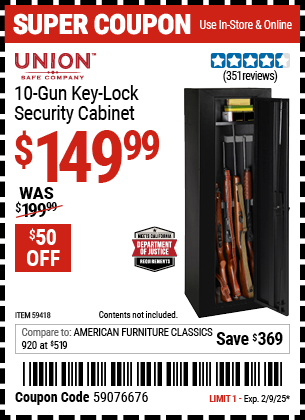 Buy the UNION SAFE COMPANY 10 Gun Key Lock Security Cabinet (Item 59418) for $149.99, valid through 2/9/2025.