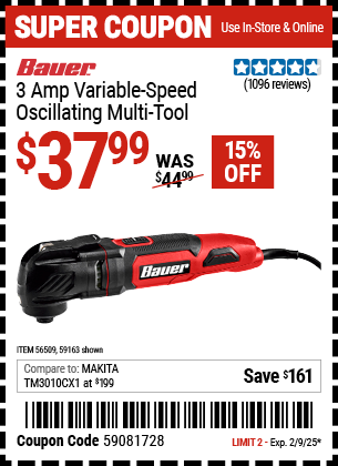 Buy the BAUER 3 Amp Variable-Speed Oscillating Multi-Tool (Item 59163/56509) for $37.99, valid through 2/9/2025.