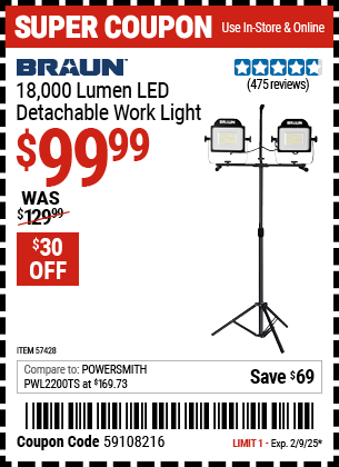 Buy the BRAUN 18,000 Lumen LED Detachable Work Light (Item 57428) for $99.99, valid through 2/9/2025.