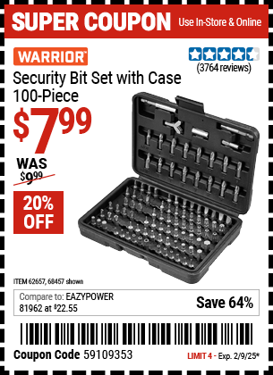 Buy the WARRIOR Security Bit Set with Case, 100-Piece (Item 68457/62657) for $7.99, valid through 2/9/2025.