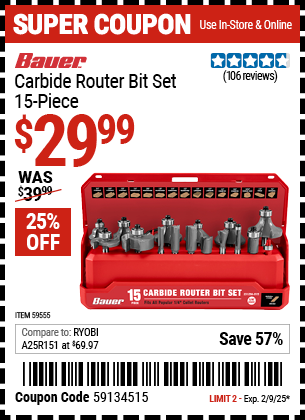 Buy the BAUER Carbide Router Bit Set, 15-Piece (Item 59555) for $29.99, valid through 2/9/2025.