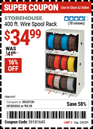 Buy the STOREHOUSE 400 ft. Wire Spool Rack (Item 61527) for $34.99, valid through 2/9/2025.