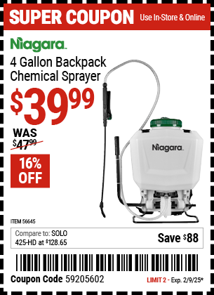 Buy the NIAGARA 4 Gallon Backpack Chemical Sprayer (Item 56645) for $39.99, valid through 2/9/2025.