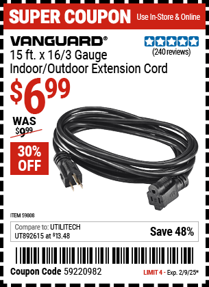 Buy the VANGUARD 15 ft. x 16/3 Gauge Indoor/Outdoor Extension Cord, Black (Item 59808) for $6.99, valid through 2/9/2025.