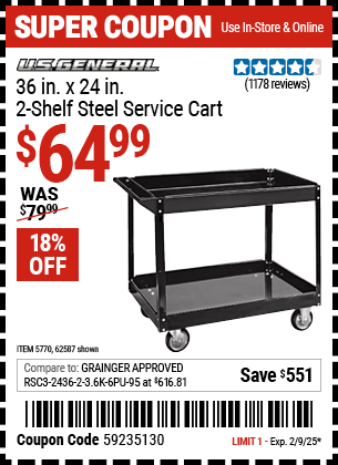 Buy the U.S. GENERAL 36 in. x 24 in. Two Shelf Steel Service Cart, Black (Item 62587/5770) for $64.99, valid through 2/9/2025.