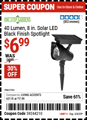 Buy the ONE STOP GARDENS 40 Lumen, 8 in. Solar LED Black Finish Spotlight (Item 57704) for $6.99, valid through 2/9/2025.