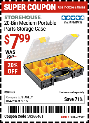 Buy the STOREHOUSE 20-Bin Medium Portable Parts Storage Case (Item 93928) for $7.99, valid through 2/9/2025.