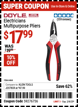 Buy the DOYLE Electricians Multipurpose Pliers (Item 64868) for $17.99, valid through 2/9/2025.