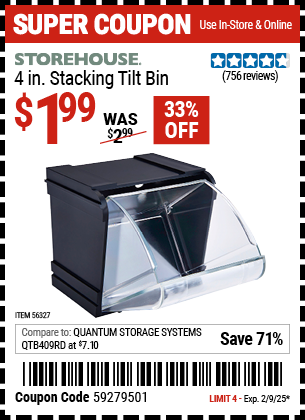 Buy the STOREHOUSE 4 in. Stacking Tilt Bin (Item 56327) for $1.99, valid through 2/9/2025.