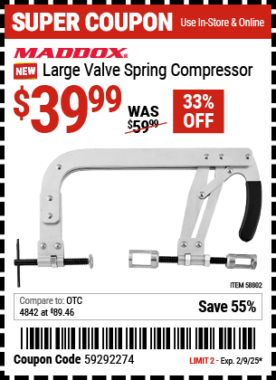 Buy the MADDOX Large Valve Spring Compressor (Item 58802) for $39.99, valid through 2/9/2025.