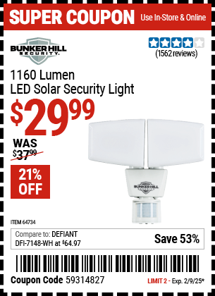 Buy the BUNKER HILL SECURITY 1160 Lumen LED Solar Security Light (Item 64734) for $29.99, valid through 2/9/2025.