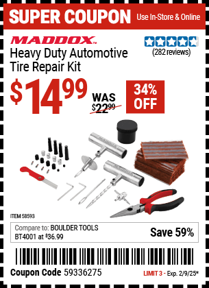 Buy the MADDOX Heavy Duty Automotive Tire Repair Kit (Item 58593) for $14.99, valid through 2/9/2025.