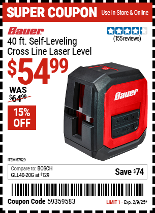 Buy the BAUER 40 ft. Self-Leveling Cross Line Laser Level (Item 57529) for $54.99, valid through 2/9/2025.