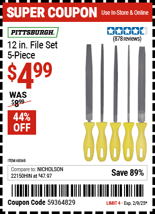 Buy the PITTSBURGH 12 in. File Set, 5-Piece (Item 60368) for $4.99, valid through 2/9/2025.