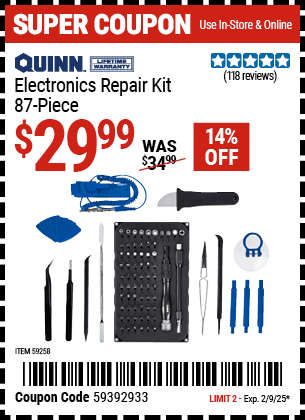 Buy the QUINN Electronics Repair Kit, 87-Piece (Item 59258) for $29.99, valid through 2/9/2025.