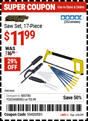 Buy the PORTLAND SAW Saw Set, 17-Piece (Item 90446) for $11.99, valid through 2/9/2025.