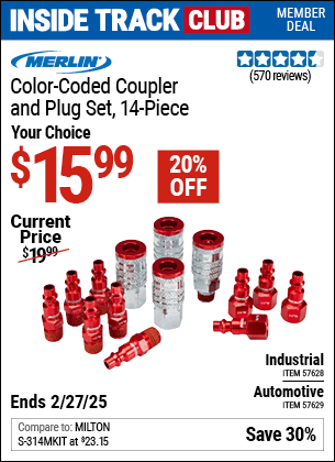 Inside Track Club members can Buy the MERLIN Color-Coded Coupler and Plug Set, 14-Piece (Item 57628/57629) for $15.99, valid through 2/27/2025.