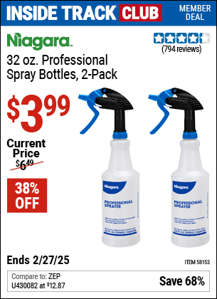 Inside Track Club members can Buy the NIAGARA 32 oz. Professional Spray Bottle, 2-Pack (Item 58153) for $3.99, valid through 2/27/2025.