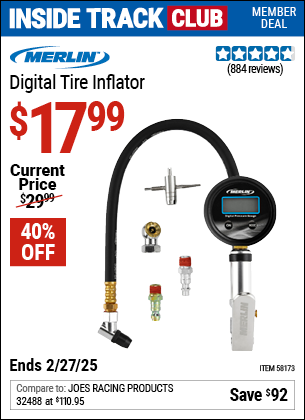 Inside Track Club members can Buy the MERLIN Digital Tire Inflator (Item 58173) for $17.99, valid through 2/27/2025.