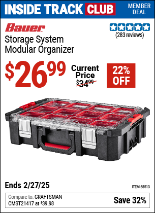 Inside Track Club members can Buy the BAUER Storage System Modular Organizer (Item 58513) for $26.99, valid through 2/27/2025.