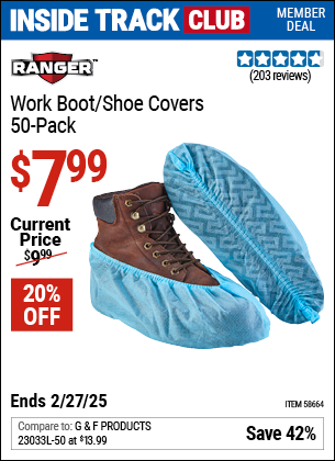 Inside Track Club members can Buy the RANGER Work Boot/Shoe Covers, 50-Pack (Item 58664) for $7.99, valid through 2/27/2025.