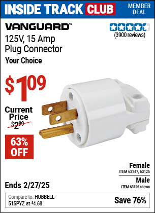 Inside Track Club members can Buy the VANGUARD 125V, 15 Amp Plug Connector (Item 63126/63125/63147) for $1.09, valid through 2/27/2025.