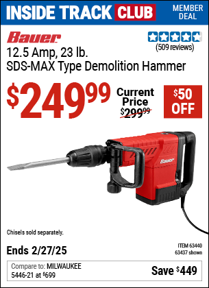 Inside Track Club members can Buy the BAUER 12.5 Amp 23 lb. SDS-MAX Type Demolition Hammer (Item 63437/63440) for $249.99, valid through 2/27/2025.