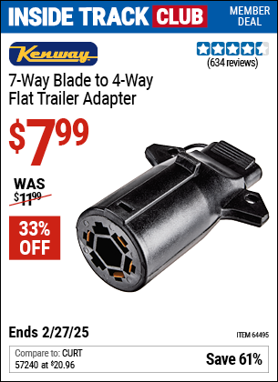 Inside Track Club members can Buy the KENWAY Seven-Way Blade to 4-Way Flat Trailer Adapter (Item 64495) for $7.99, valid through 2/27/2025.