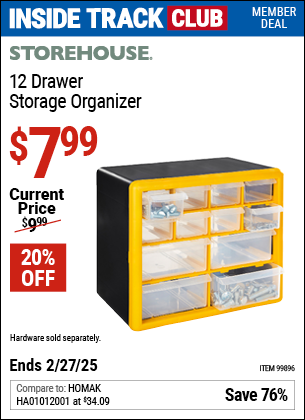 Inside Track Club members can Buy the STOREHOUSE 12 Drawer Storage Organizer (Item 99896) for $7.99, valid through 2/27/2025.