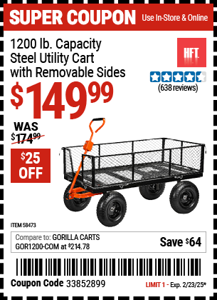 Buy the HFT 1200 lb. Capacity Steel Utility Cart with Removable Sides (Item 58473) for $149.99, valid through 2/23/2025.