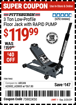 Buy the PITTSBURGH 3 Ton Low-Profile Floor Jack with RAPID PUMP, Slate Gray (Item 70482) for $119.99, valid through 2/23/2025.