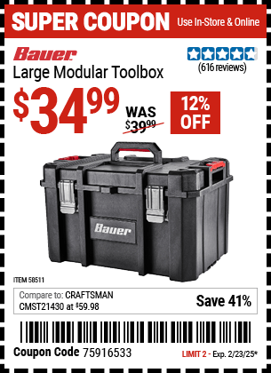 Buy the BAUER Large Modular Toolbox (Item 58511) for $34.99, valid through 2/23/2025.