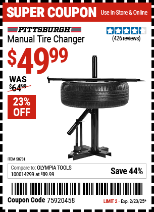 Buy the PITTSBURGH Manual Tire Changer (Item 58731) for $49.99, valid through 2/23/2025.