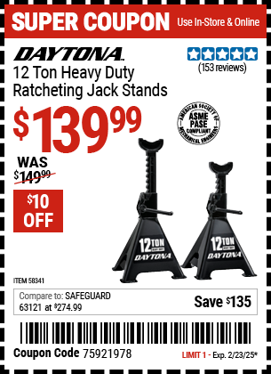 Buy the DAYTONA 12 Ton Heavy Duty Ratcheting Jack Stands, Black (Item 58341) for $139.99, valid through 2/23/2025.