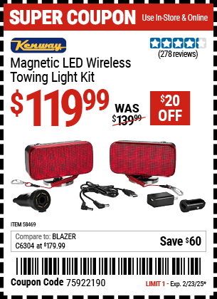 Buy the KENWAY Magnetic LED Wireless Towing Light Kit (Item 58469) for $119.99, valid through 2/23/2025.