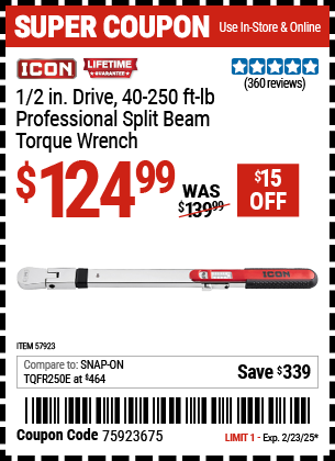 Buy the ICON 1/2 in. Drive 40-250 ft. lb. Professional Split Beam Torque Wrench (Item 57923) for $124.99, valid through 2/23/2025.