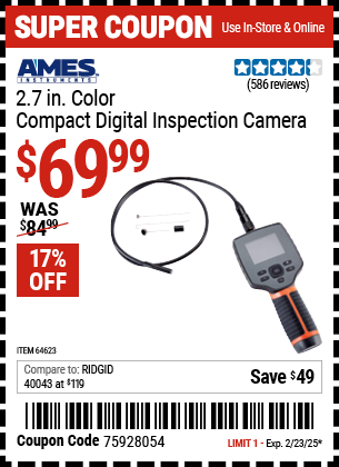 Buy the AMES INSTRUMENTS 2.7 in. Color Compact Digital Inspection Camera (Item 64623) for $69.99, valid through 2/23/2025.