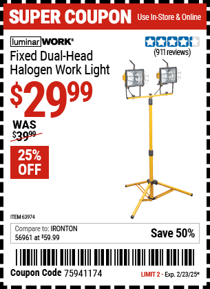 Buy the LUMINAR WORK Fixed Dual Head Halogen Work Light (Item 63974) for $29.99, valid through 2/23/2025.