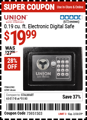 Buy the UNION SAFE COMPANY 0.19 cu. ft. Electronic Digital Safe (Item 62981/62982) for $19.99, valid through 2/23/2025.