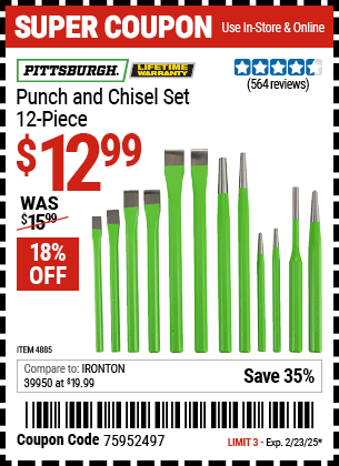 Buy the PITTSBURGH Punch and Chisel Set, 12-Piece (Item 04885) for $12.99, valid through 2/23/2025.