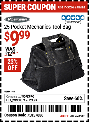 Buy the VOYAGER 25 Pocket Mechanics Tool Bag (Item 61468) for $9.99, valid through 2/23/2025.