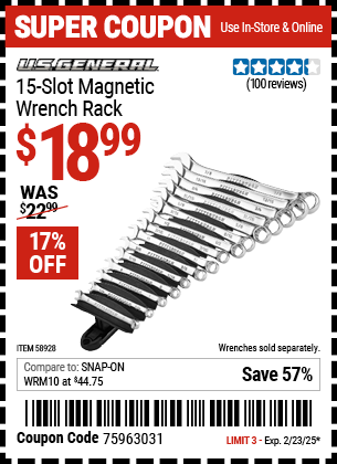 Buy the U.S. GENERAL 15 Slot Magnetic Wrench Rack (Item 58928) for $18.99, valid through 2/23/2025.