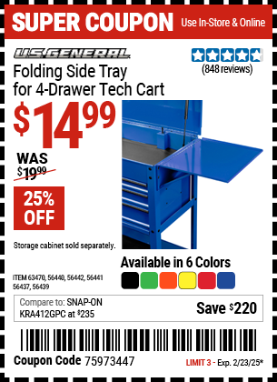 Buy the U.S. GENERAL Folding Side Tray for 4 Drawer Tech Cart (Item 56437/56439/56440/56441/56442/63470) for $15.99, valid through 2/23/2025.