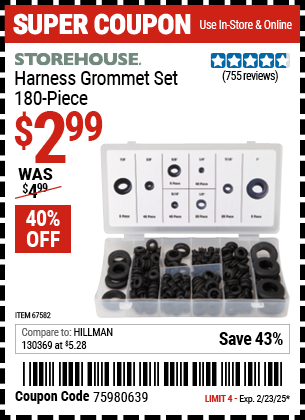 Buy the STOREHOUSE Harness Grommet Set, 180-Piece (Item 67582) for $2.99, valid through 2/23/2025.